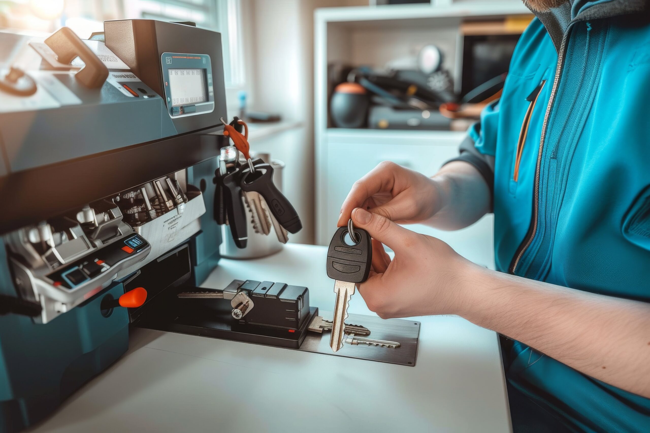 Close view of key copying machine with key One young man, professional key cutter, making door keys copies in locksmith